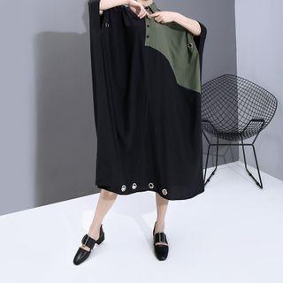 Batwing-sleeve Grommet Paneled Midi Shirtdress Black - One Size