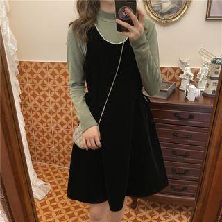 Long-sleeve Turtleneck Plain Top / Sleeveless Velvet Dress (various Designs)