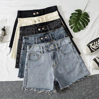 High-waist Fray-hem Denim Wide-leg Shorts