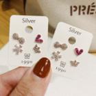 4 Pair Set: Rhinestone Earring (assorted Designs) Set Of 4 - Silver & Dark Pink - One Size