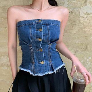 Strapless Button-up Fray Hem Denim Top Blue - One Size