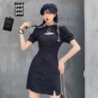 Puff-sleeve Cutout Mini Sheath Qipao Dress