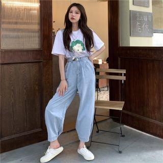 Short-sleeve Cartoon Print T-shirt / Cropped Harem Denim Jumper Pants