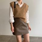Plain Shirt / Knit Vest / Faux Leather A-line Skirt