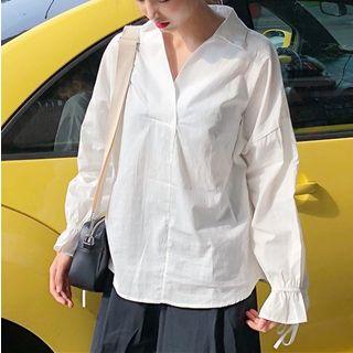Lace-up Cuff V-neck Collared Top