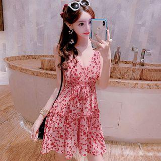 Spaghetti Strap Frill Trim Heart Patterned A-line Mini Dress