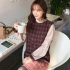 Pleated-neck Color-block Plaid Dress