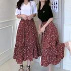 Heart Embroidered Short-sleeve T-shirt / Floral Midi A-line Skirt / Set