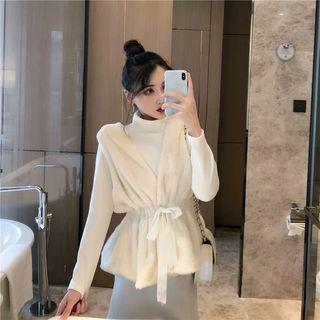 Drawstring Fleece Vest / Long-sleeve Mock-neck Midi Knit Dress / Set