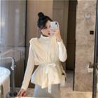 Drawstring Fleece Vest / Long-sleeve Mock-neck Midi Knit Dress / Set