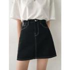 Stitched A-line Denim Miniskirt