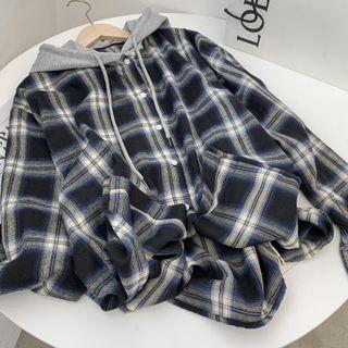 Hooded Plaid Jacket Plaid - Black & Blue & Gray - One Size