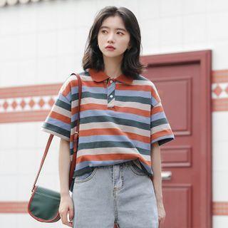 Short-sleeve Striped Collared T-shirt White & Orange & Blue - One Size