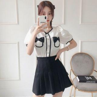 Bow-trim Textured Blouse
