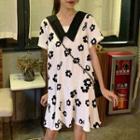 Short-sleeve Wide Collar Flower Print A-line Mini Dress