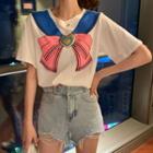Ribbon Print Elbow-sleeve T-shirt