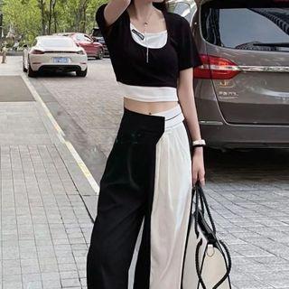 Mock Two-piece Short-sleeve Color Block Cropped Top / High-waist Color Block Wide-leg Pants