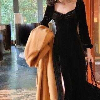 Long-sleeve Square Neck Plain Slit Velvet Dress