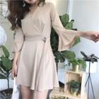 Plain 3/4-sleeve Wrap-front A-line Dress