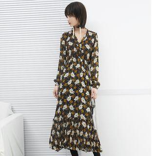 Flower-print V-neck Midi Dress