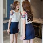 Set: Floral Embroidered Cold Shoulder Short-sleeve Top + Denim Skirt