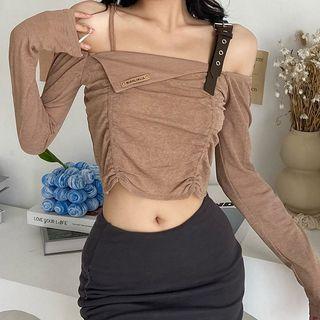 Long Sleeve Off-shoulder Ruched Crop Top