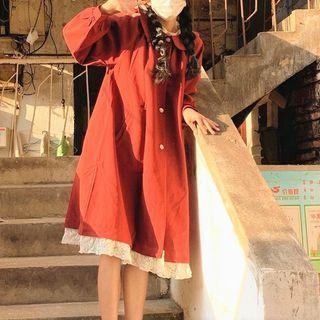 Lace Trim Long Button Coat Red - One Size