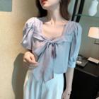 Elbow-sleeve Square Neck Ribbon Blouse