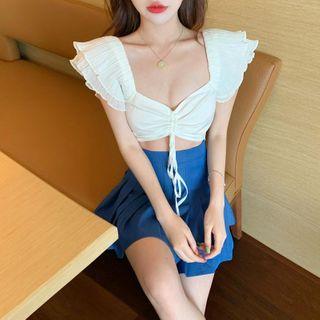 Ruffle Short-sleeve Drawstring Cropped Blouse / Mini A-line Pleated Skirt