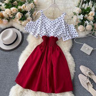 Cold-shoulder Dotted Panel A-line Dress