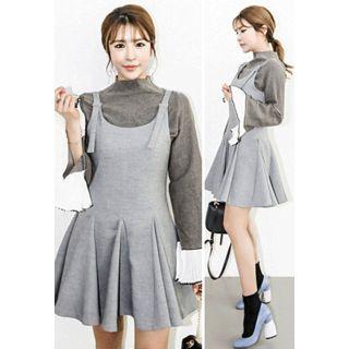 Buckled-shoulder Godet Pinafore Dress