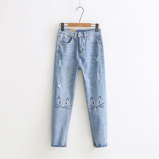 Cat Embroidered Distressed Slim Fit Jeans