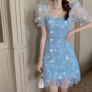 Puff-sleeve Mesh Mini Dress