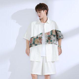 Elbow-sleeve Floral Print Panel Shirt