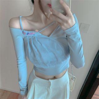 Long-sleeve Cold-shoulder Crop Top Airy Blue - One Size