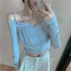 Long-sleeve Cold-shoulder Crop Top Airy Blue - One Size