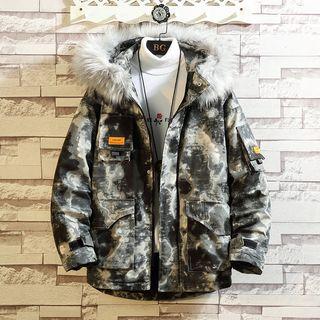 Applique Camo Furry Hooded Jacket