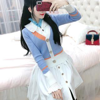 Set: Ruffle Trim Long-sleeve A-line Dress + Contrast Trim Cardigan