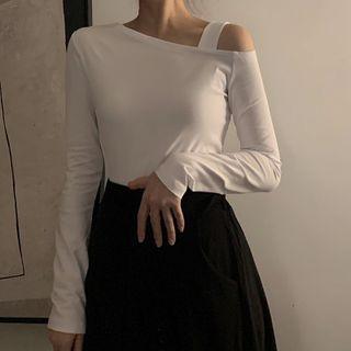 Long-sleeve Off-shoulder Plain One-shoulder Top