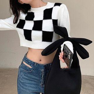 Round Neck Plaid Cropped Sweater Plaid - Black & White - One Size