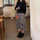 Plain Pullover / Leopard Long-sleeve Midi A-line Dress