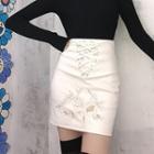 Lace-up Embroidered Mini Skirt
