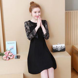 Bell-sleeve Lace Panel A-line Dress