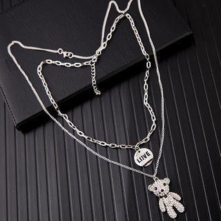 Set Of 2: Rhinestone Bear / Disc Pendant Necklace Set - Silver - One Size