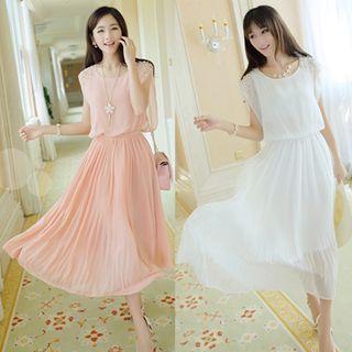 Faux Pearl Cap-sleeve Chiffon Midi A-line Dress