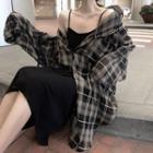 Hooded Long Plaid Shirt / Double Strap Midi Dress