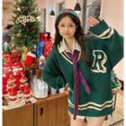 V-neck Lettering Color Block Striped Knit Top Green - One Size