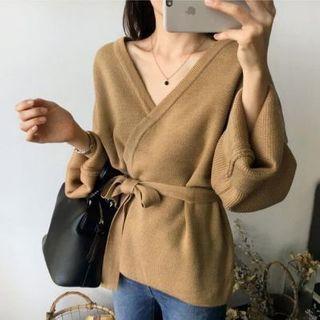 Long-sleeve Tie-waist Knit Wrap Top