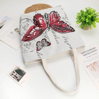 Butterfly Embroidered Tote Bag Red Butterfly - White - Xl