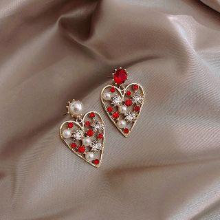 Embellished Heart Earring 1 Pair - Gold & White & Red - One Size